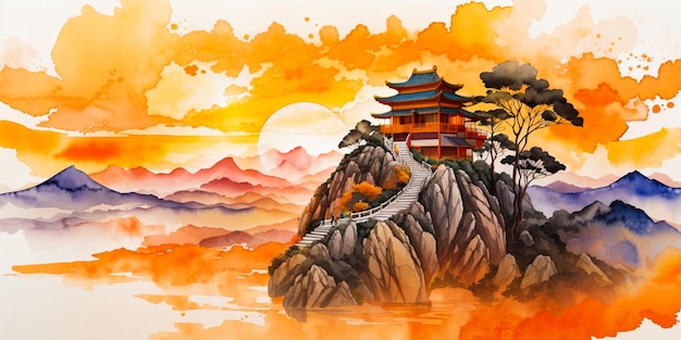 Casa na árvore montanha pôr do sol chinês aquarela arte abstrata papel de parede ilustração de fundo