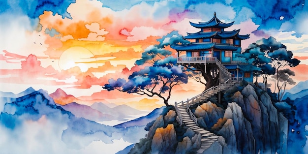 Casa na árvore montanha pôr do sol chinês aquarela arte abstrata papel de parede ilustração de fundo