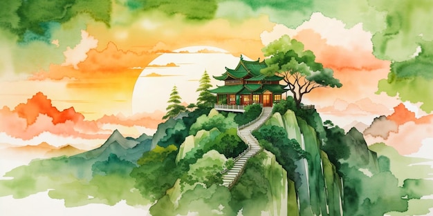 Casa na árvore montanha pôr do sol chinês aquarela arte abstrata papel de parede ilustração de fundo