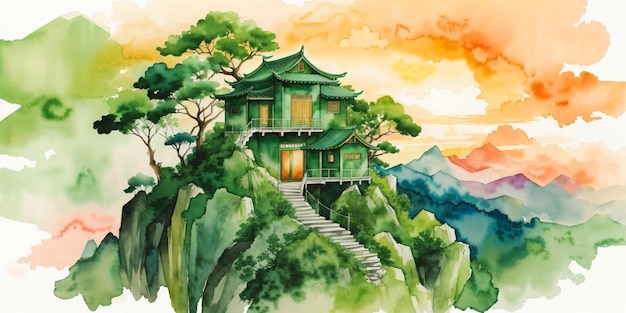 Casa na árvore montanha pôr do sol chinês aquarela arte abstrata papel de parede ilustração de fundo