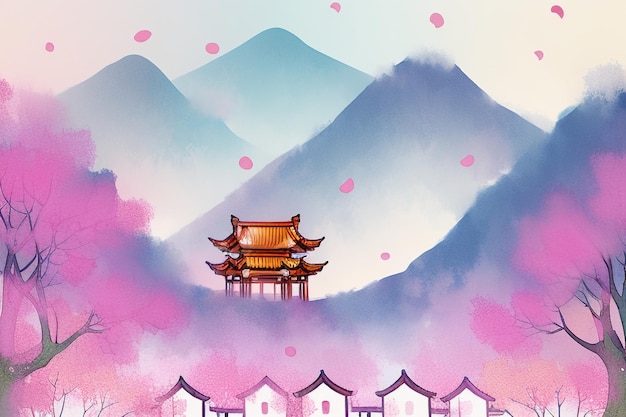 Foto casa na árvore rosa pôr do sol montanha aquarela chinesa arte abstrata papel de parede ilustração de fundo