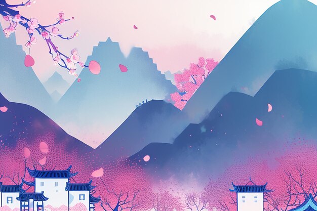 Foto casa na árvore rosa pôr do sol montanha aquarela chinesa arte abstrata papel de parede ilustração de fundo