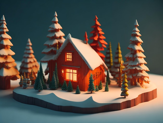 casa na floresta 3d em campo de neve