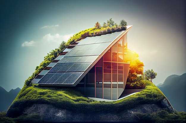 Foto casa na floresta com painéis solares generative ai generative ai