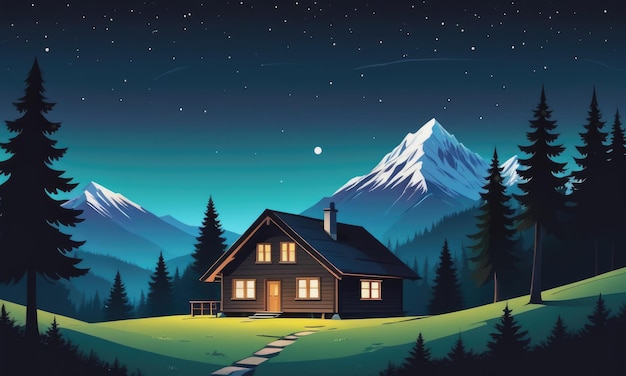 Casa na noite floresta vetor paisagem de fundo cabana perto do vale da montanha