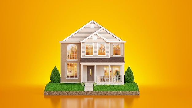 Casa na terra e gramado na venda de imóveis Foto Premium com fundo amarelo