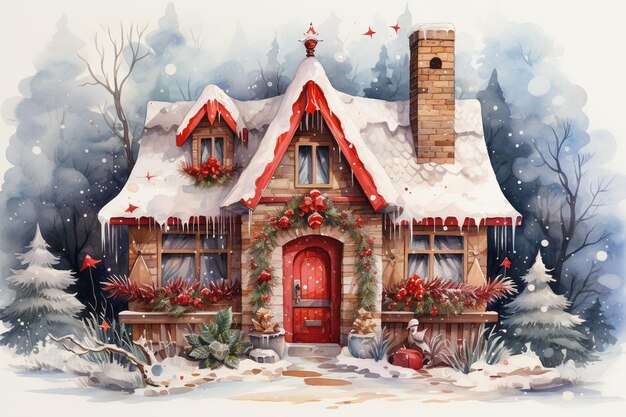 Casa de Navidad en bosque de invierno Ilustración acuarela Tarjeta navideña para diseño o impresión