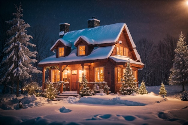 Una casa de Navidad cubierta de nieve rodeada por una manta de nieve recién caída iluminada