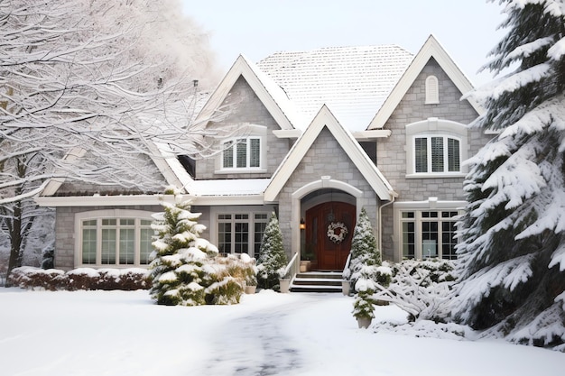 Foto una casa de navidad con decoraciones de nieve y árbol de navidad para las vacaciones de invierno
