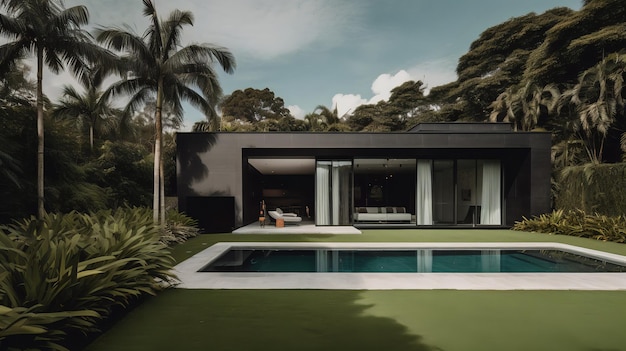 Una casa negra con piscina en medio del jardín.