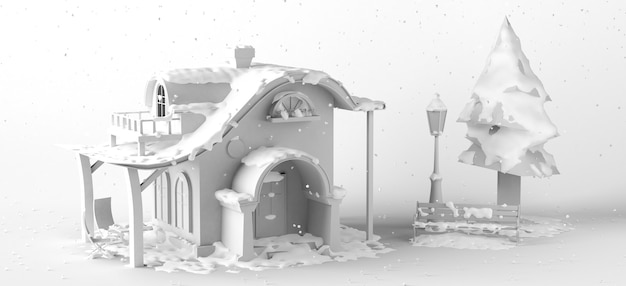 Casa nevada en invierno. Copie el espacio. Ilustración 3D.