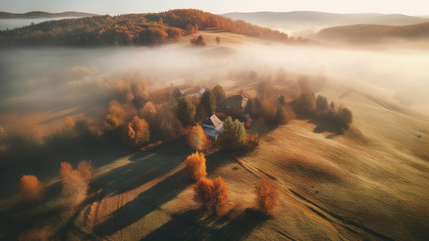 Una casa en la niebla en otoño