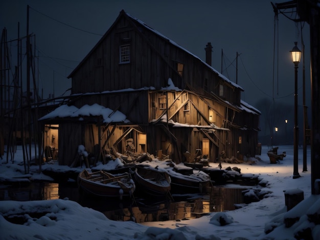 Una casa en la nieve con un barco delante.