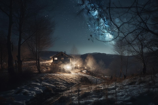 Una casa en la nieve con un cielo estrellado de fondo