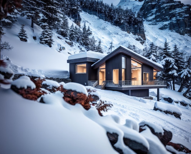 casa en la nieve en invierno hermoso paisaje invernal con árboles cubiertos de nieve