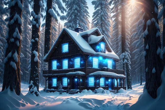 Una casa en la nieve con luces azules.