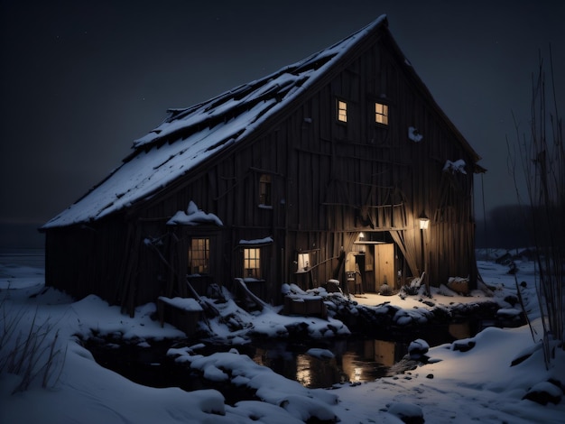 Una casa en la nieve con las luces encendidas