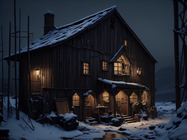 Una casa en la nieve con las luces encendidas