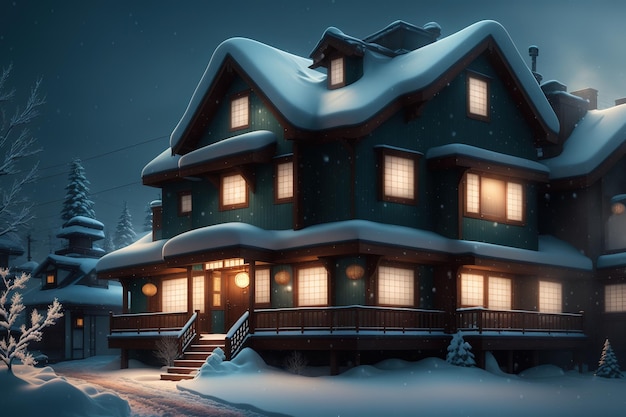 Una casa en la nieve con las luces encendidas