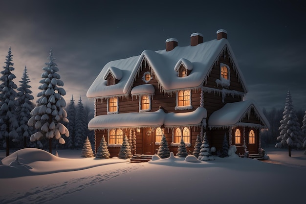 Una casa en la nieve con las luces encendidas