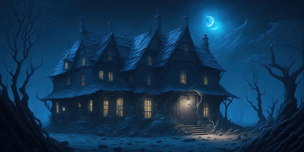 Una casa en la nieve con una luna al fondo.