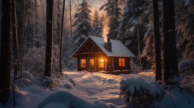 Una casa en la nieve con la luz encendida