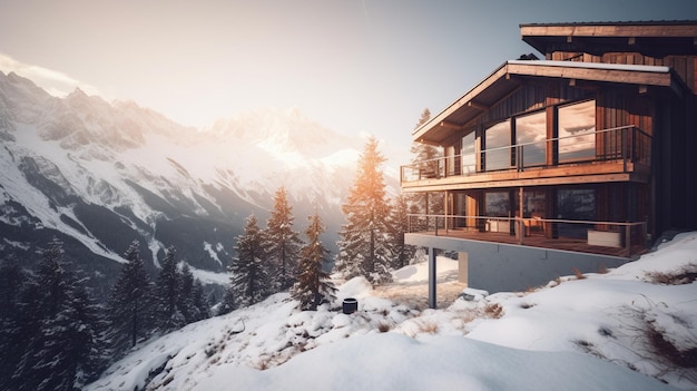 Una casa en la nieve con una montaña nevada al fondo