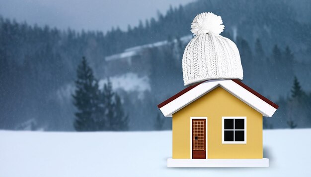 Foto casa no conceito de sistema de aquecimento de inverno e tempo frio e nevado com modelo de uma casa vestindo