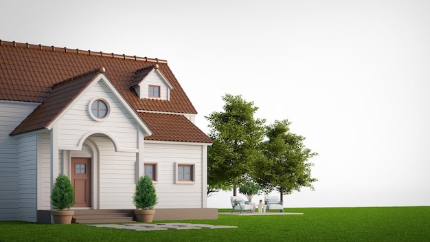 Casa no gramado com árvores em fundo branco