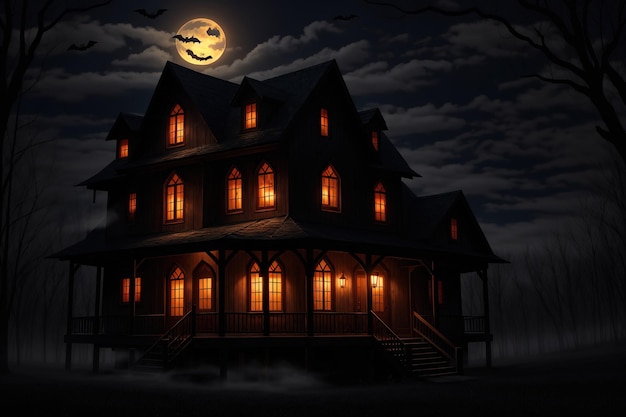 Una casa en una noche oscura con la luna al fondo.