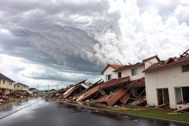 Una casa con una nube de humo al fondo.