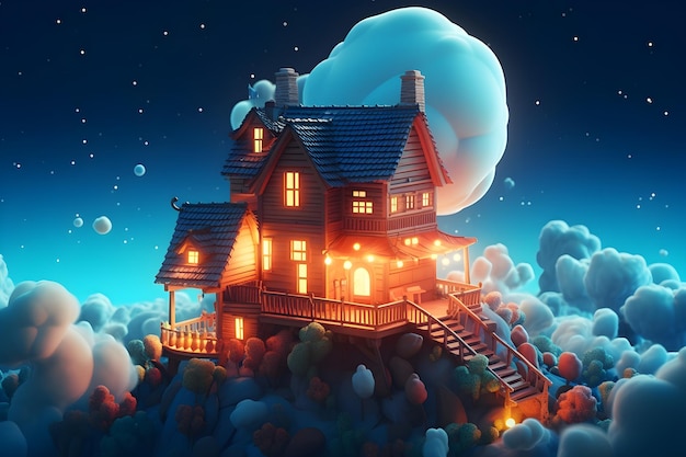 Una casa en una nube con una luna brillante detrás