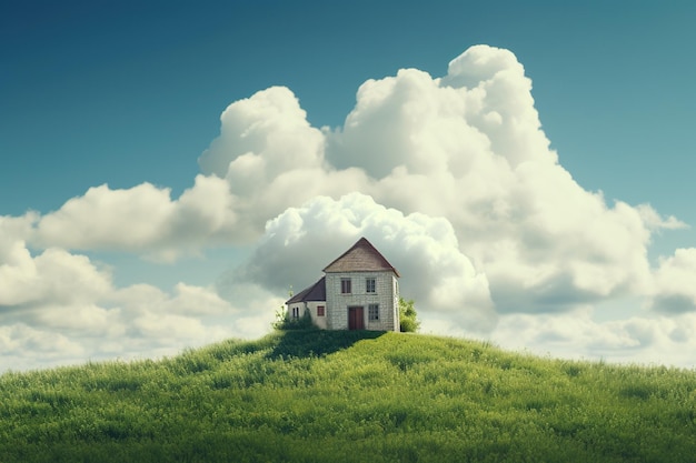 Casa con nubes en campo de hierba