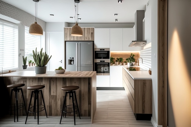 Casa nueva con un interior claro con iluminación de madera y azulejos.