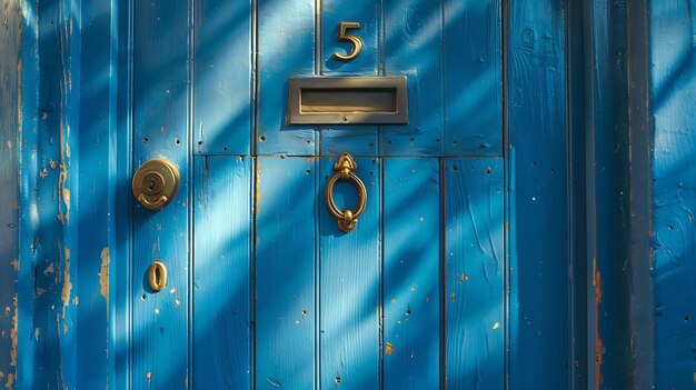 La casa número 51 en una puerta principal de madera azul con dígitos metálicos dorados AI generativa