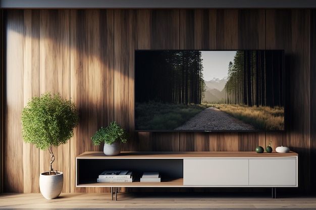 En una casa o piso contemporáneo, el televisor se coloca cerca de una pared de madera y el sofá se coloca contra un gabinete, una plantilla del interior de una casa usando un estante de televisión vacío