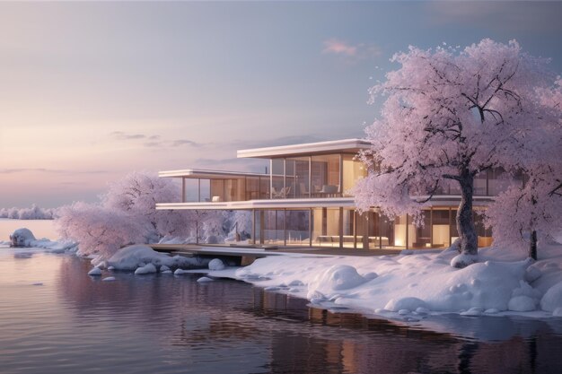 una casa en la orilla de un lago rodeado de nieve