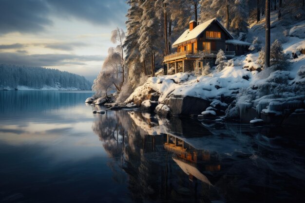 una casa en la orilla de un lago rodeado de nieve