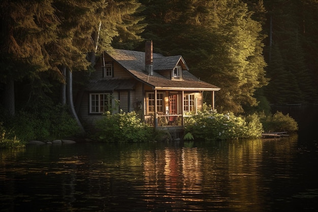 Una casa a la orilla de un lago