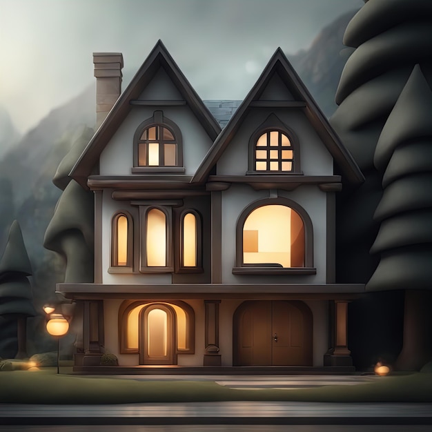Casa oscura con árboles verdes y bosque ilustración 3D Representación 3D de una casa moderna con la oscuridad