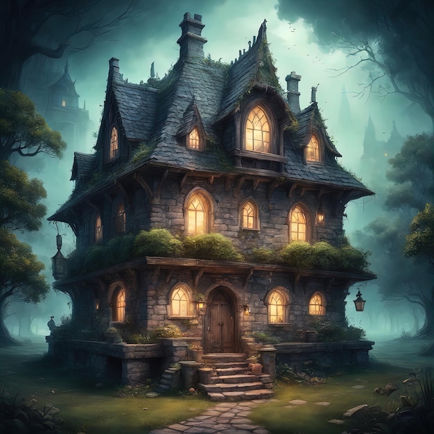 Casa oscura de Halloween con un árbol y un bosque espeluznantes. Foto de alta calidad. Representación 3D de un hermoso abanico.
