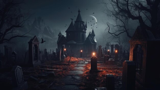 Casa oscura de halloween con luna