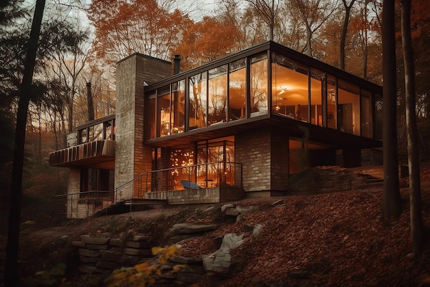 Casa oscura moderna en el bosque de otoño