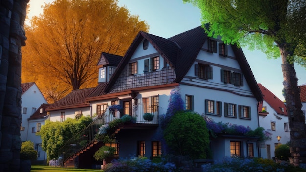 Una casa en otoño con un árbol en el frente.