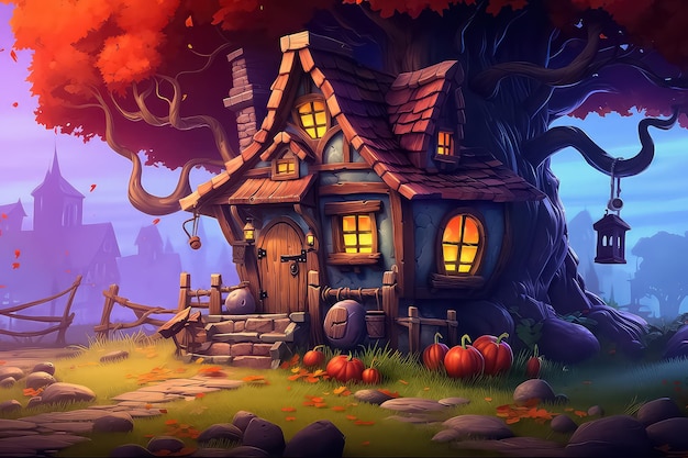 Casa de otoño en el bosque de otoño en estilo de dibujos animados