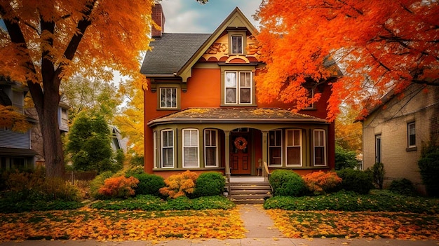 Una casa en otoño con un hermoso árbol en la parte delantera.