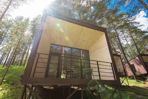 Casa ou hotel com janelas panorâmicas na floresta de pinheiros bela manhã de verão com luz solar natural