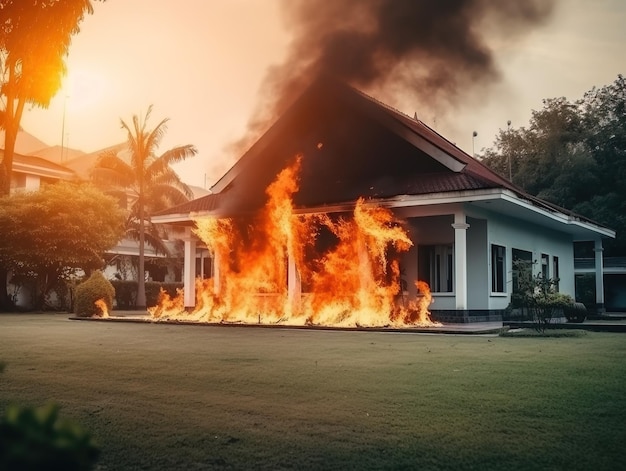 Foto casa ou incêndio e conceito de seguro residencial em chamas generative ai