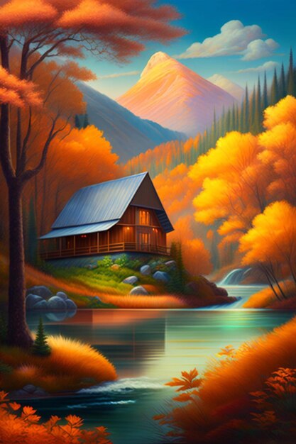 casa de paisaje en el bosque con río de montaña entre naranjos