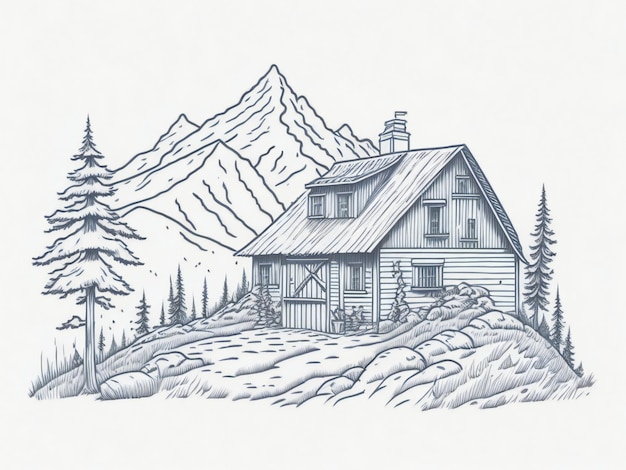 casa en paisaje de montaña dibujado a mano ilustración de boceto